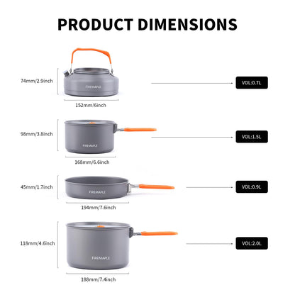 Fire-Maple Feast Outdoor Camping Cookware Set, Portable Stackable Camping Pots and Pans Set with Kettle, Compact Camping Cookware Mess Kit for Hiking, Fishing and Backpacking