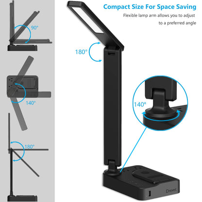 Drevet LED Desk Lamp with Wireless Charger, Desk Table Light with USB Charging Port and 2 Outlets, 3 Lighting Modes, 3 Level Brightness, 1H Timer, Touch Control, Eye-Caring Home Office Foldable Lamp