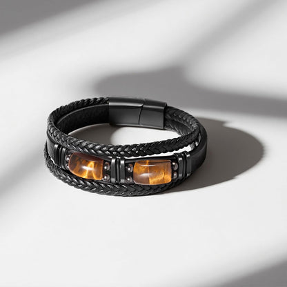 Enjoy Risingsun Tiger Eye Black Leather Bracelet Men Natural Tiger Eye Gemstone Crystal Stone Jewelry Handmade Courage And Stress Relief Protection Bracelet