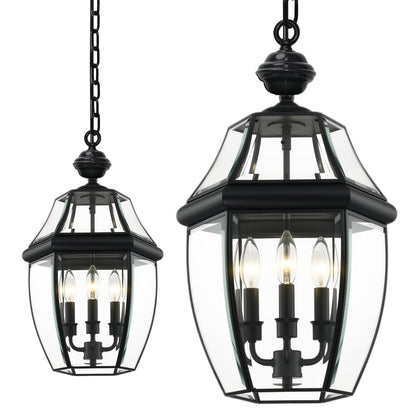LALXUIEYC 3-Lights Outdoor Pendant Lantern Fixture, 20 Inch Large Modern Porch Light, Black Waterproof Hanging Chandelier with Clear Glass for Front Door, Patio, Gazebo, Entrance