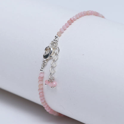 Gempires Handmade Pink Opal Gemstone Beaded Bracelet for Women | 2.4–2.5 mm Faceted Natural Stone | Adjustable 7+1 Inch Silver Plated Chain | Dainty Minimalist Stacking Jewelry | Soft Pink Stone Gift