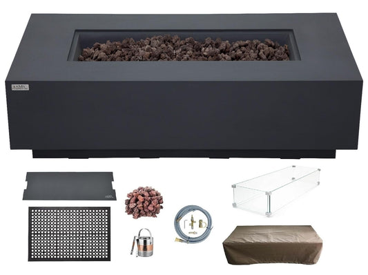 AMS Creations | Madison 60" Bundle Rectangular Natural Gas Outdoor Fire Pit Table | Dark Gray Concrete GFRC | Smooth Texture or Surface | Electronic Ignition | Outside Backyard Fireplace