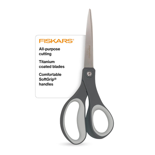 Fiskars 8" Comfort Grip Titanium All Purpose Scissors, Sharp Stainless Steel Blades for Everyday Cutting Tasks, Home, Office, and Arts & Crafts, Gray