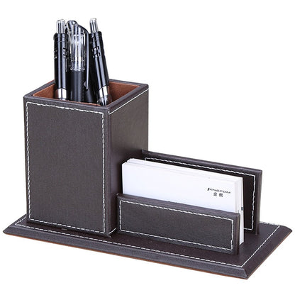 KINGFOM PU Leather Desk Organizer and Accessories, Pencil Holder for Desk with Business Cards Stand, School Office Supplies Collection Caddy Brown