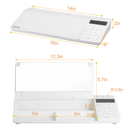 SELEAD Desktop Glass Whiteboard with Calculator & Built-in Mirror, Dry Erase White Board Computer Pad Keyboard Stand with Organizer Drawer, Desk Accessories for Home, School, Office
