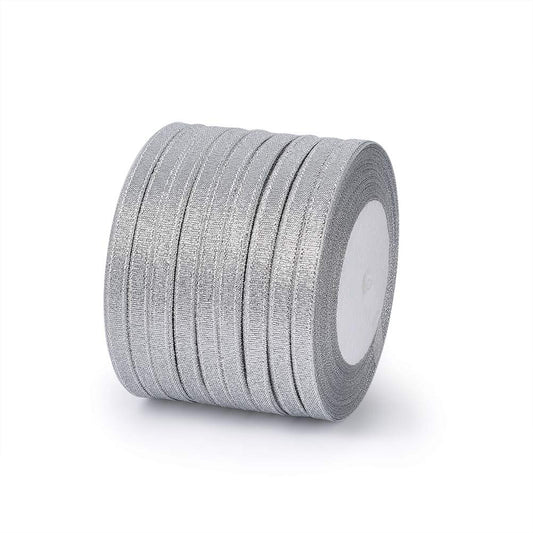 Pandahall 10Rolls/250yards/228meters 1/4" Wide Sparkle Organza Ribbon Fabric Cord Double Sided Lace for Jewelry Craft Making Gift Package Bow Supplies Wedding Party Favor Decoration Silver Color
