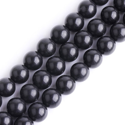 GEM-Inside 8mm Natural Black Russian Shungite Polished Round Stone Chakra Beads for Jewelry Making Full 15" Strand Power Energy Healing Stone