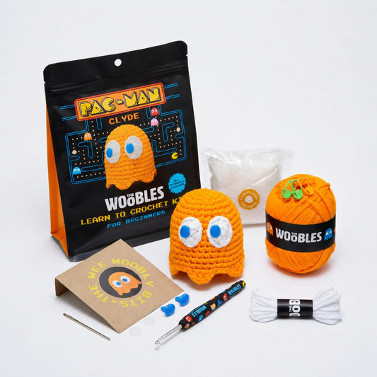 The Woobles Clyde Crochet Kit for Beginners - Officially Licensed PAC-MAN Ghost Amigurumi Kit, As Seen on Shark Tank, 4-in Plush, Ages 12+