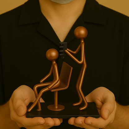 Hairdresser Craft Handmade Figurine – 4.25" L x 4.25" H – Recycled Metal Sculpture & Hand Welded Bronze Finish Art Gift – Barber Shop Decor, Salon Desk Accessories & Hairstylist Appreciation Gifts