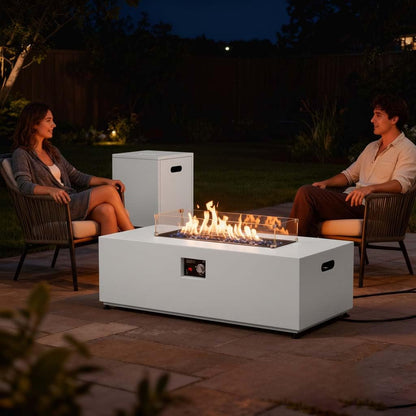 Aeeiua 42" Propane Fire Pit Table Set with Tank Holder, Rectangle 2-Piece Outdoor Firepit Wind Guard, Lid, Glass Stones and Cover