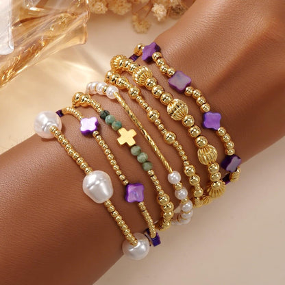 14K Gold Beaded Purple Clover Stackable Bracelets for Women,7PCS/Set Boho Cross Pearl Beads Stretch Bracelets Stack Fashion Holiday Birthday Prom Jewelry Accessories Gift Friendship Sister