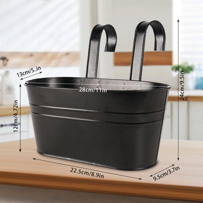 FUFUUIQY 4 Pack Metal Iron Hanging Flower Pots 11 Inch Railing Fence Hanging Bucket Pots with Detachable Hooks Countryside Style Window Railing Planter Box for Garden Balcony Outdoor Decors(Black)