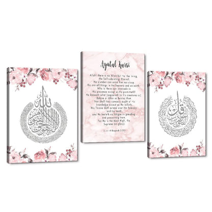 3 Pcs Pink Islamic Calligraphy Flora Ayatul Kursi Quran Muslim Canvas Painting Wall Art Poster Print Living Room Bedroom Decor Modern Home Decorations Paintings Gallery Wrapped Ready to Hang-36"Wx16"H