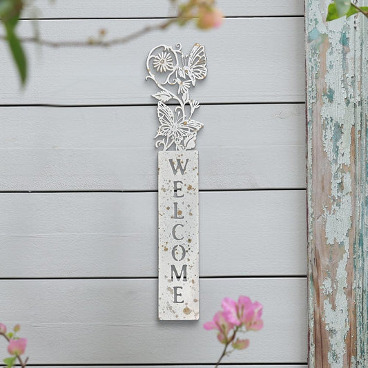 All Chic Metal Welcome Sign for Front Door Vertical Wall Mounted Front Door Sign Butterfly with Floral Cutout Hanging Welcome Sign Decorations Indoor Outdoor Home Decor