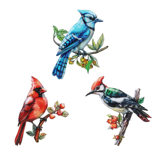dreamskip 3 Pack Metal Birds Wall Art Garden Decor, Cardinal Outdoor Wall Art Yard Patio Fence Decoration, 3D Colorful Birds Wall Hanging Sculpture Gift for Garden Outside Livingroom