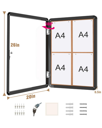 Mifuro 26"x20" Enclosed Bulletin Board, Lockable Weather-Resistant Aluminum Cork Noticeboard for School & Office, Black Frame w/Cork
