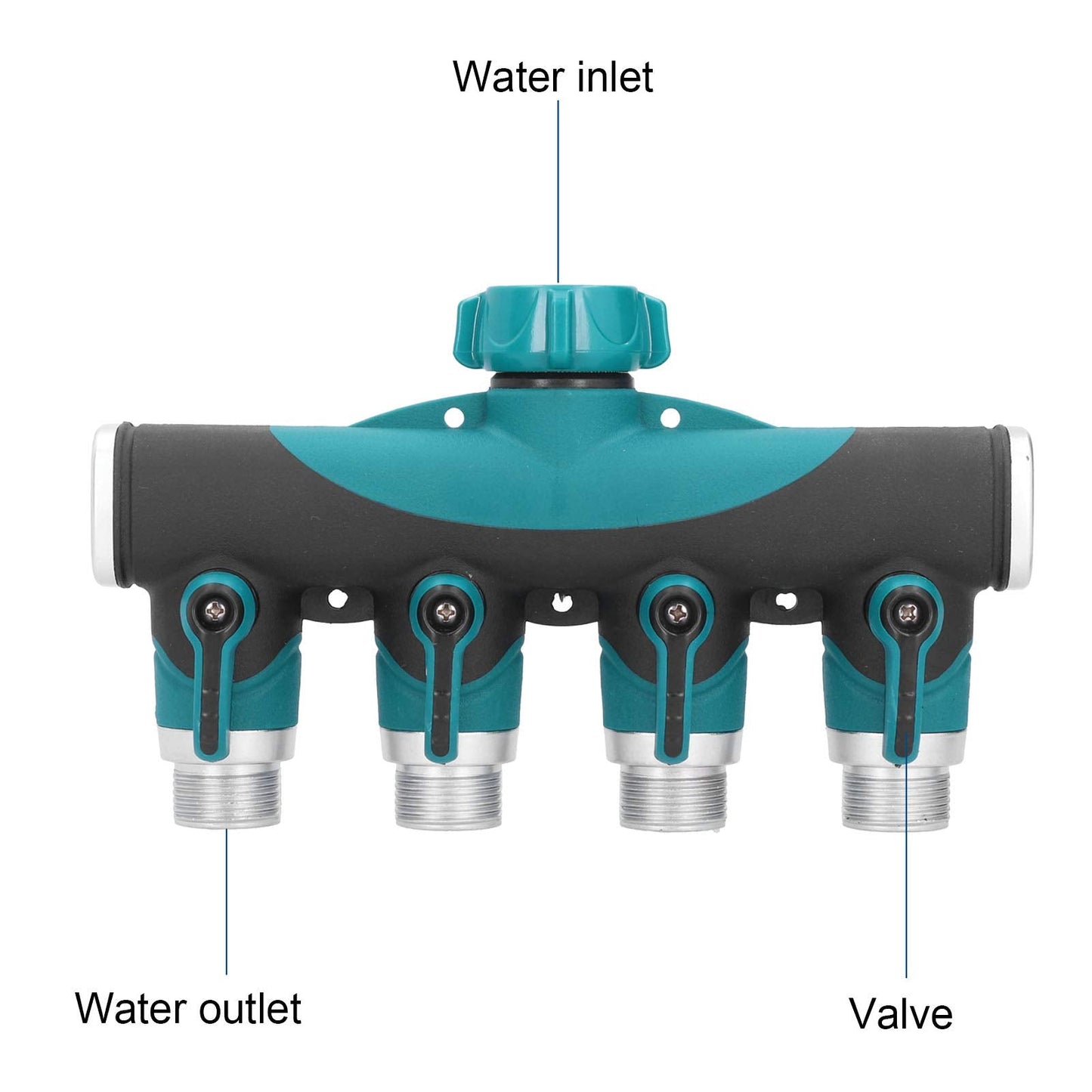 4 Way Garden Hose Splitter, 3/4 Inch Heavy Duty Metal Hose Connector with On Off Valves Water Hose Manifold Hose Spigot Adapter for Drip Irrigation