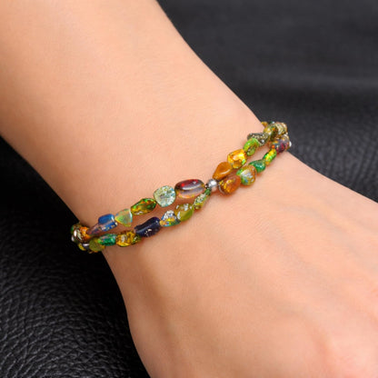 QNAVIC Black Opal Tumble Bracelet for Women – Genuine October Birthstone Chakra Crystal, Handmade 925 Sterling Silver Adjustable 8" Chain, Hypoallergenic Minimalist Healing Energy Jewelry Birthday Gift for Her