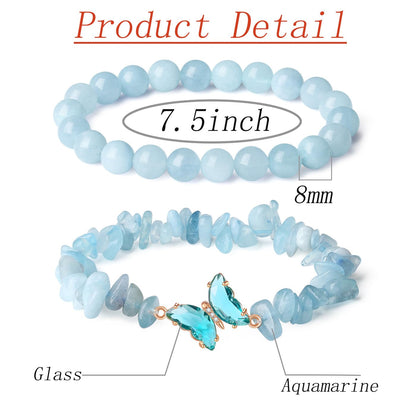 DUQGUHO 2PCS Aquamarine Bracelets Blue Bracelet for Women Natural Aquamarine Crystals Jewelry 8mm Butterfly Bracelet Gifts for Women