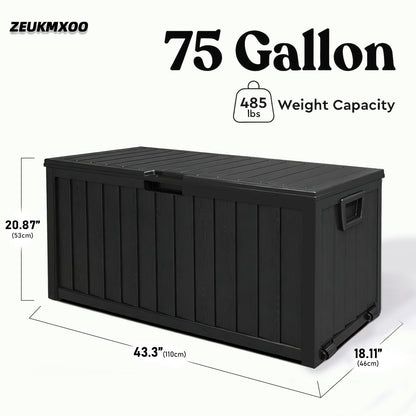 ZEUKMXOO 75 Gallon Outdoor Storage Box Waterproof,350LBS Lockable Patio Storage Box for Patio Cushions,Garden Tools and Tools Storage,Outside Storage Box-Black