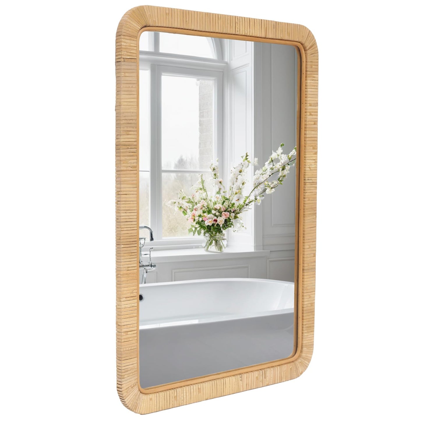 FUIN 20" x 30" Rattan Wicker Rectangle Wall Mounted Bathroom Mirror for Coastal Boho Nursery Decor, Natural