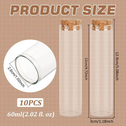 BENECREAT 10 Pack 60ml Glass Test Tube with Cork Stopper Clear Flat Mini Glass Bottles Jars for Wedding Party Favors, Candy, Spices, Beads, Mother's Day Home Decor