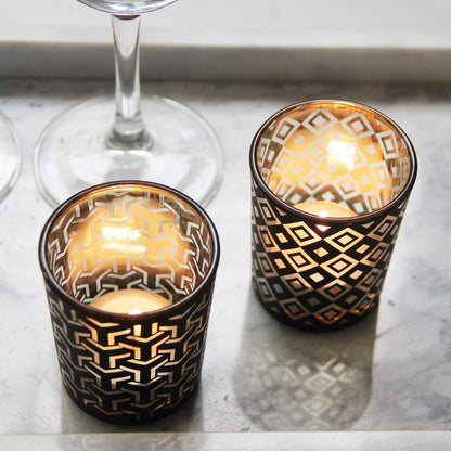 SHMILMH Black Gold Glass Votive Candle Holders Set of 12, Tealight Candle Holder with 4 Patterns for Ramadan Decorations, Eid Mubarak, Wedding Centerpiece, Modern Home Table Decor, Gift Set