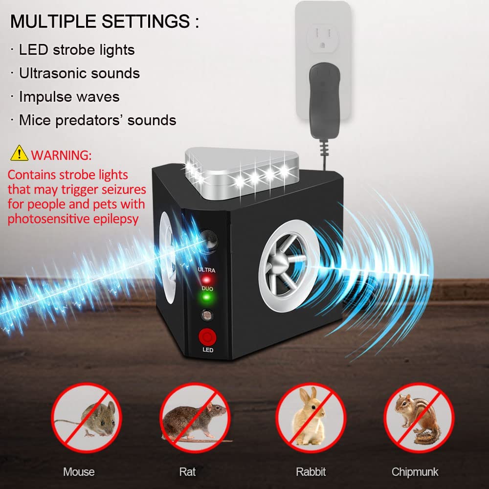 Angveirt Ultrasonic Rodent Repellent Plug-in Indoor, Mouse & Rat Deterrent with 12 Strobe Lights and 4 Sound Modes, Electronic Pest Repeller for Home, Garage, Attic, RV - Prevents Nesting & Damage