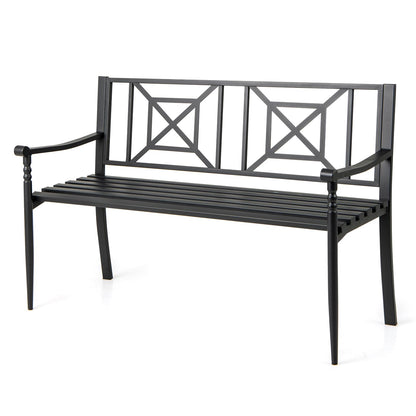 Giantex Metal Outdoor Bench with Backrest, Curved Armrests, Non-Slip Foot Pads, Slatted Seat for 2-3 Persons, Load 660lbs, Loveseat, Patio Bench for Garden, Yard, Poolside, Lawn, Porch, Park, Black