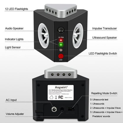Angveirt Ultrasonic Rodent Repellent Plug-in Indoor, Mouse & Rat Deterrent with 12 Strobe Lights and 4 Sound Modes, Electronic Pest Repeller for Home, Garage, Attic, RV - Prevents Nesting & Damage