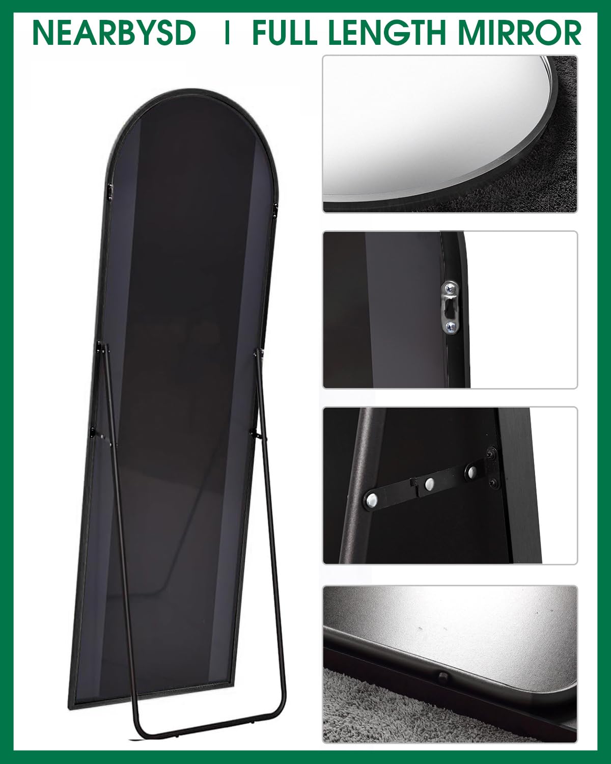 NEARBYSD 58"x18" Arched Full Length Mirror, Floor Mirror With Stand, Freestanding,Wall Mounted Hanging or Leaning Arched-Top Full Body Mirror for Bedroom, Dressing Room -Black