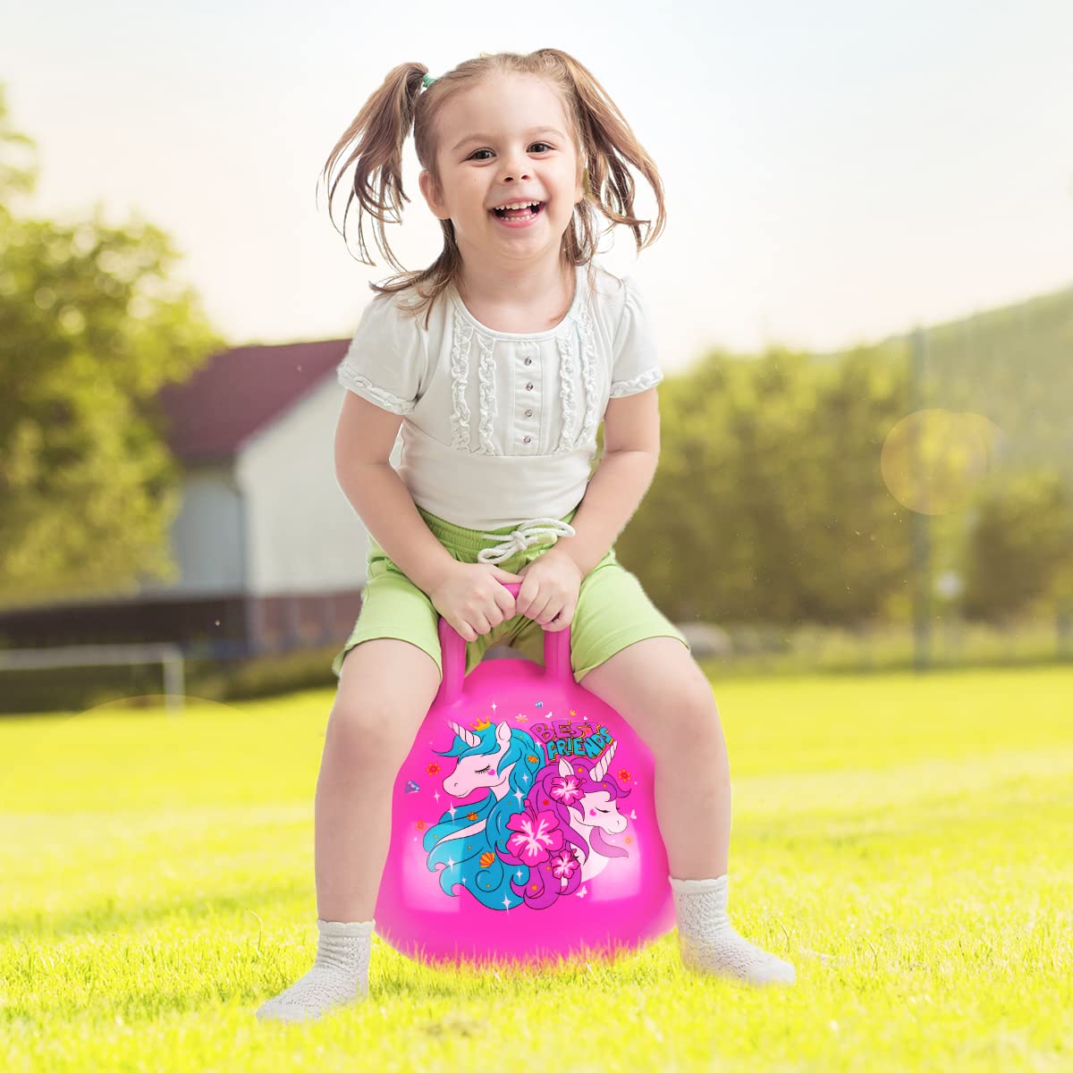 U&C Planet Hopper Ball 20 inches Bouncy Ball with Handle for Kids Age 5 6 7 8 9, Sit on Bounce Jumping Hopping Toy with Pump, Great Toddler Girls Toys for Birthday Gifts, Pink Unicorn
