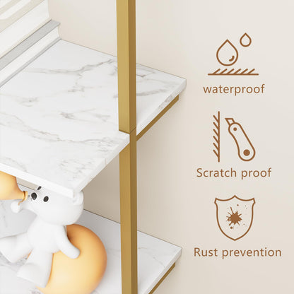 aboxoo Ladder Shelf 2PCS White Marble Bookshelf 5-Tier Wall-Mounted Wood Rack Open Industrial Modern Plant Flower Stand Utility Organizer Bookcase Metal Frame Furniture Office Kitchen Bedroom