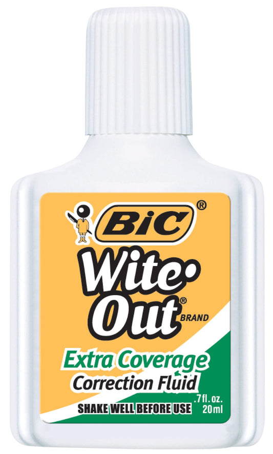 BIC Wite Out Extra Coverage Correction Fluid, 20 mL, White, Covers The Toughest Mistakes, 12-Count Pack