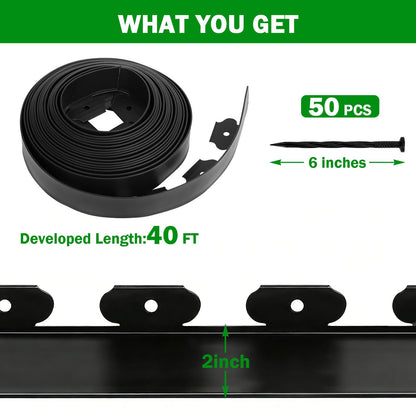 Tegarbed No Dig Landscape Edging Border 2-Inch x 40 FT, Heavy-Duty Plastic Garden Edging with 50 Spikes, Garden Edging for Flower Beds Pathway Paver Edging, Black