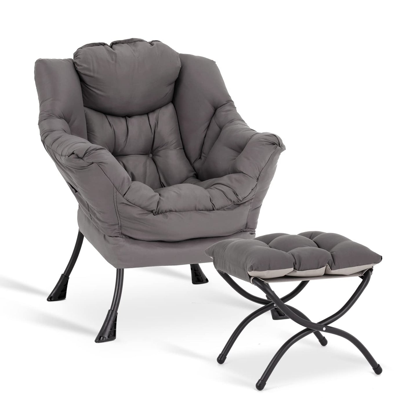 LITA Lazy Chair with Ottoman, Modern Accent Leisure Upholstered Lazy Sofa Armchair, Contemporary Lounge Reading Chair with Armrests and a Side Pocket for Living Room, Bedroom & Small Space, Dark Grey