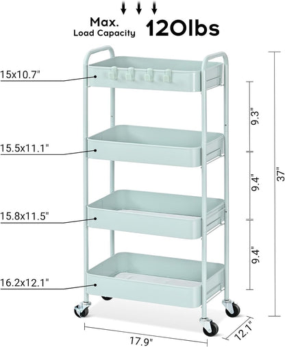 TOOLF 4-Tier Rolling Cart - Metal Storage Organizer with Lockable Wheels, 44 lbs Per Shelf Capacity, Tool-Free Assembly, for Kitchen Bathroom Office Laundry Room Nursery, Green