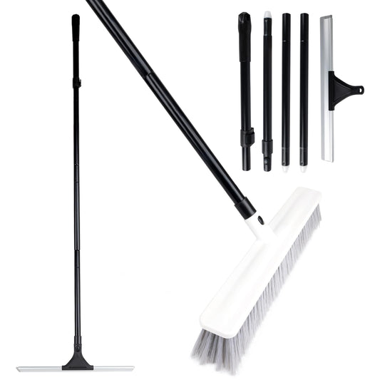 3-in-1 Floor Brush with Squeegee and Adjustable Long Handle, Push Broom with Rubber Squeegee, Suitable for Warehouses, Glass, Floors, Tiles, Hardwood Floors, Decks and Patios