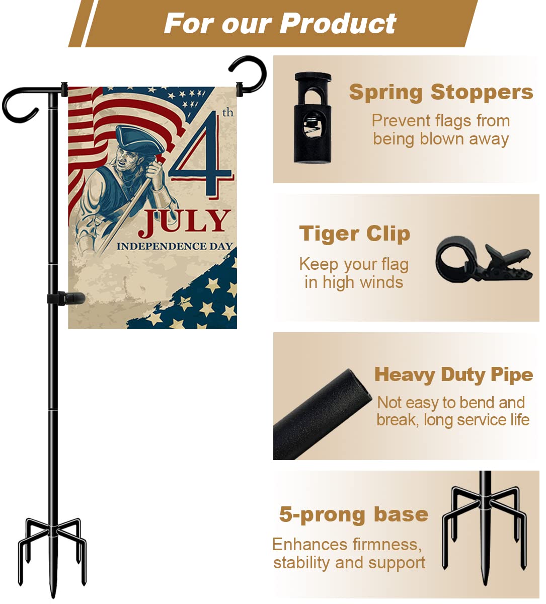 Whoonba 51 Inch Tall Garden Flag Stand Holder with 5 Prong base, Yard Flag Pole Holder for 12x18 Outdoor Small Flag Decor with Two Spring Stoppers and a Tiger clip, 1 Pack