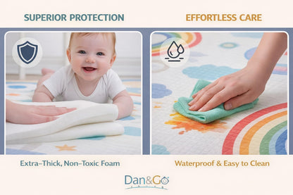 DAN&GO Extra Large Baby Play Mat, Foldable, Double-Sided, Beige, Non-Toxic XPE Material, Portable Activity Floor Mat for Babies 0-12 Months & Kids, Educational Design (Funny, 71 * 79 * 0.4)