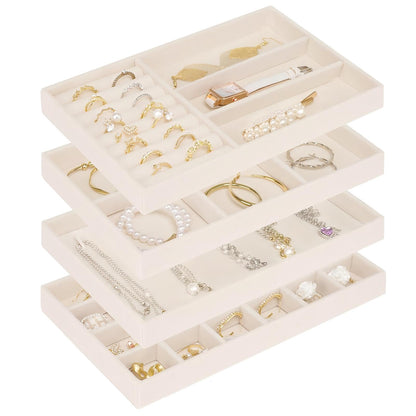 Cirhy Velvet Jewelry Drawer Organizer Trays – Stackable Jewelry Trays for Drawers, Set of 4 Jewelry Organizer for Drawer Inserts, Display Storage Box for Earrings, Rings, Necklaces, Bracelets