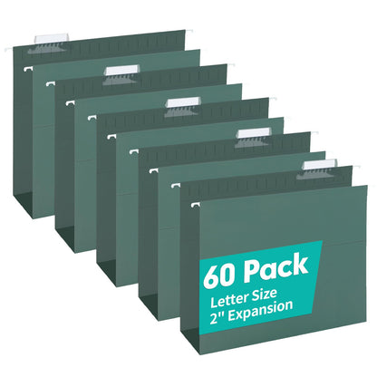 HERKKA Extra Capacity Hanging File Folders, 60 Pack Reinforced Letter Size Hanging Folders with Heavy Duty 2 Inch Expansion, Designed for Bulky Files, Medical Charts, Green