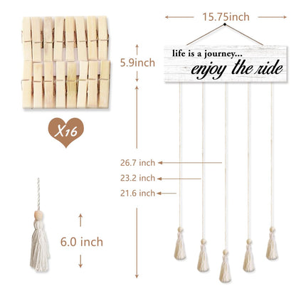 Gwisml Hanging Photo Display with 16 Clips 5 Strings,Rustic Style Picture Collage Frames Wall Decor Wood Hanging for Home Living Room Décor,Housewarming Gifts,Life is A Journey Enjoy The Ride