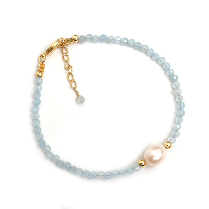 Gempires Aquamarine Gemstone Beaded Bracelet with Pearl Choker Crystal Jewelry March Birthstone Gifts Hypoallergenic Gold Plated Dainty Gifts for Women