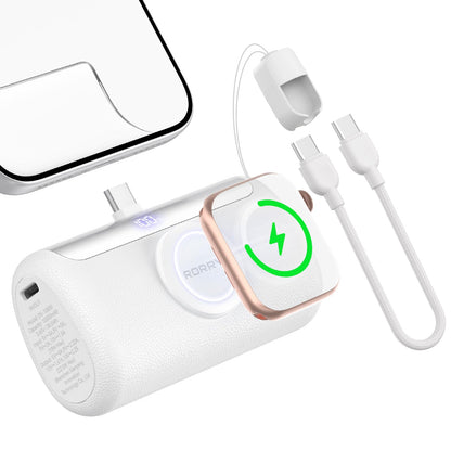 RORRY PalmGo Portable Charger, 10000mAh PD 22.5W Fast Charging Mini Power Bank with Built-in USB C Connector, 3-in-1 Battery Pack for iPhone 17/16/15 Pro/Max, Apple Watch Ultra/11/10/SE, iPad, White