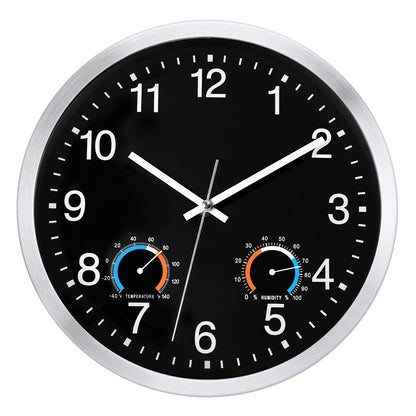 Caysie 12 Inch Indoor Outdoor Clocks Waterproof with Thermometer and Hygrometer Combo, Silent Battery Operated Quartz Metal Wall Clock for Patio Pool Bathroom Home (Black)
