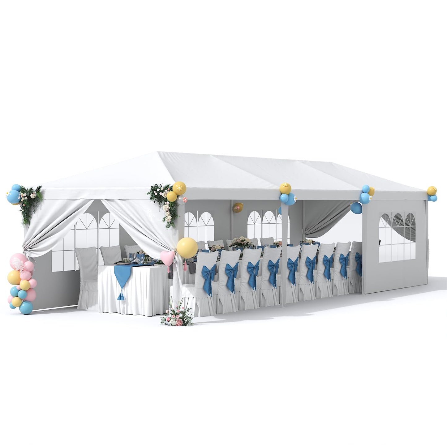 Greesum 10x30 Outdoor Canopy with with 6 Side Removable Walls, Patio Camping Heavy Duty Gazebo Shelter for Party Wedding BBQ Events, Waterproof Tent, White