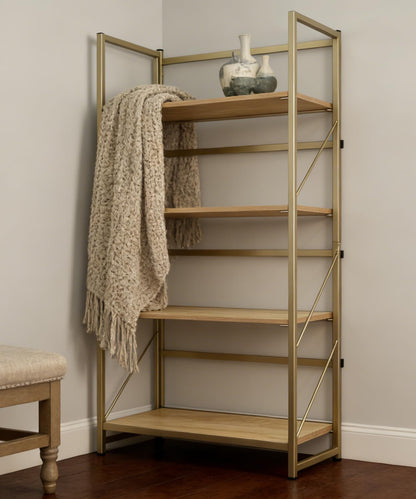 BIASUNS Folding Bookshelf,Multifunctional Foldable Plant Stand Storage Rack Shelves for Home Office, Easy Assembly, 4-Tier,Gold & Nature Wood