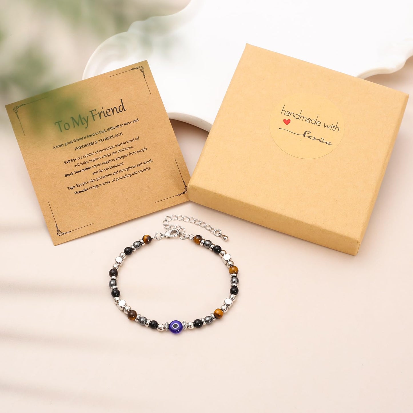 MTJAHPS Protection Bracelet, empath protection, black obsidian Crystals and Healing Stones Bracelet for Women ，Luck ，Anxiety and Stress Clam Bracelet (Friend-Evil Eye Triple Threat Protection)