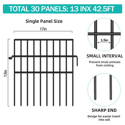 FOKEP 30 Panels Animal Barrier Fence, No Dig Fences, 13in(H) X 42.5ft(L) Garden Fence Animal Barrier for Rabbit and Dog Under Fencing Barrier, Rustproof Metal Fences Border for Outdoor, Yard, Patio